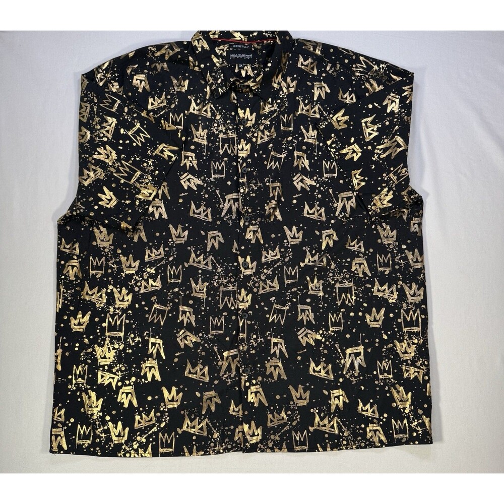 Drill Clothing Co. Men’s Short Sleeve Button Shirt 3XL Black Gold Crown Print